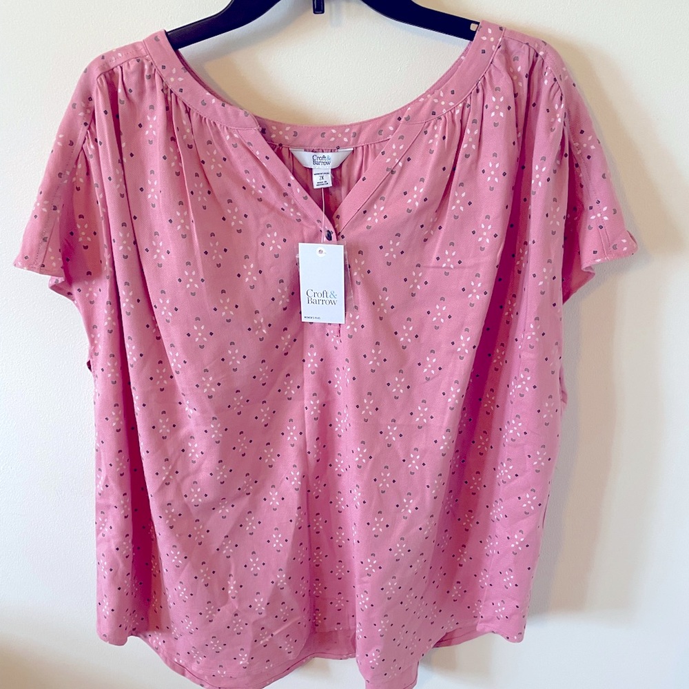 Croft & Barrow Rose Pink V-Neck Short Cap Sleeve Blouse NWT